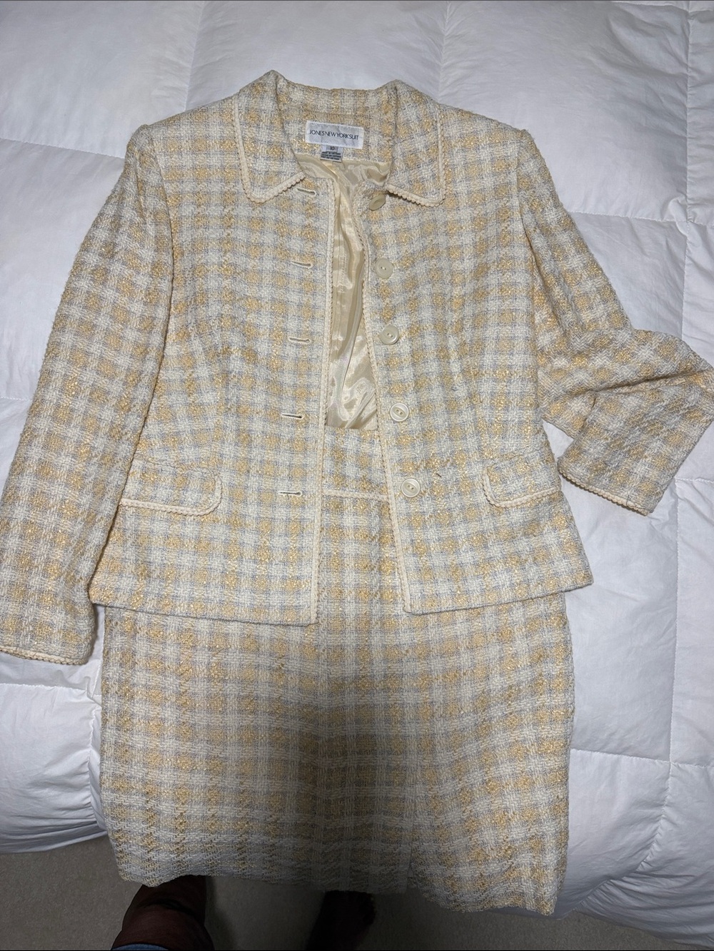 Jones New York Cream and Yellow Tweed Blazer & Skirt Set